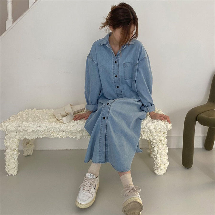 Damen Oversize-Denim-Maxikleid im Hemdstil mit Brusttasche und durchgehender Knopfleiste Drune