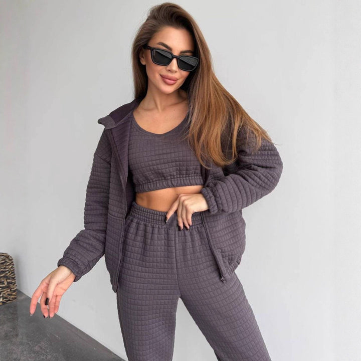 Damen Gestepptes Loungewear-Set mit Reißverschluss-Kapuzenjacke, Cropped Bustier und hochtaillierter Jogginghose Drune