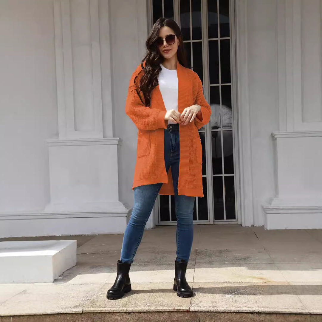 Damen lässiger Strickmantel mit offenen Vorderteilen und tiefen Taschen Drune