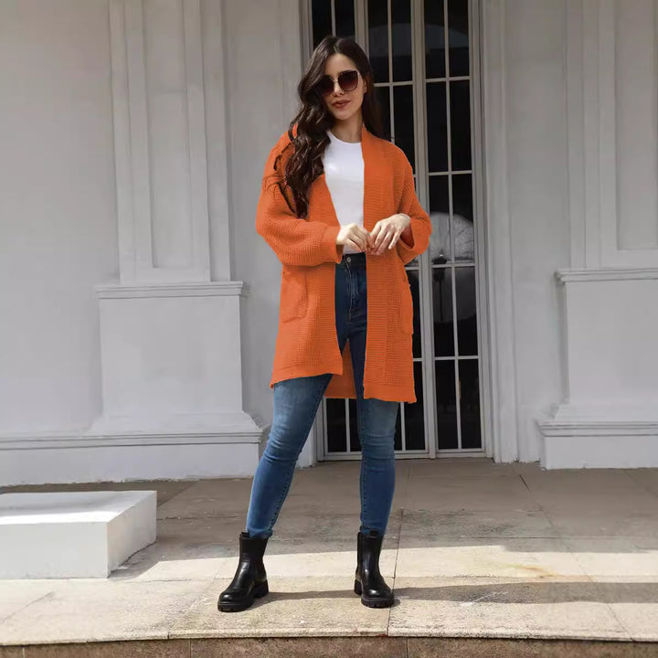 Damen lässiger Strickmantel mit offenen Vorderteilen und tiefen Taschen Drune