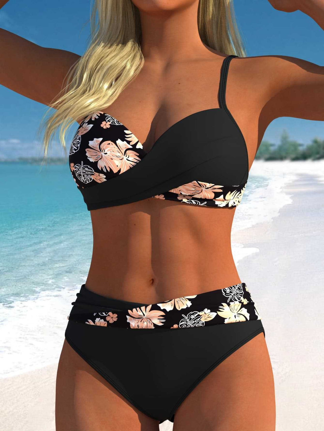 Damen Bikini-Set mit floralem Wickelmuster und bequemen High-Waist-Höschen Drune