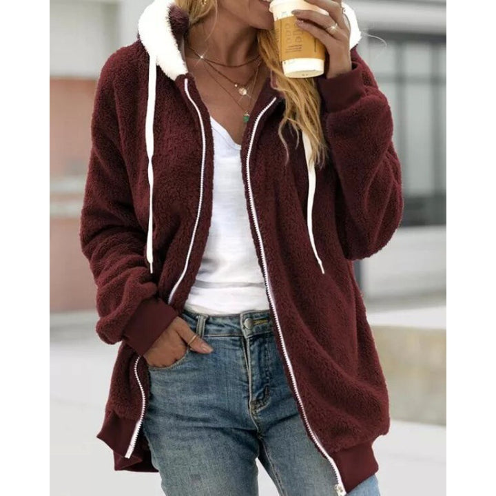 Damen Oversized Sherpa-Zipjacke mit Kontrastkragen, Rippbündchen und Kordelzug Drune