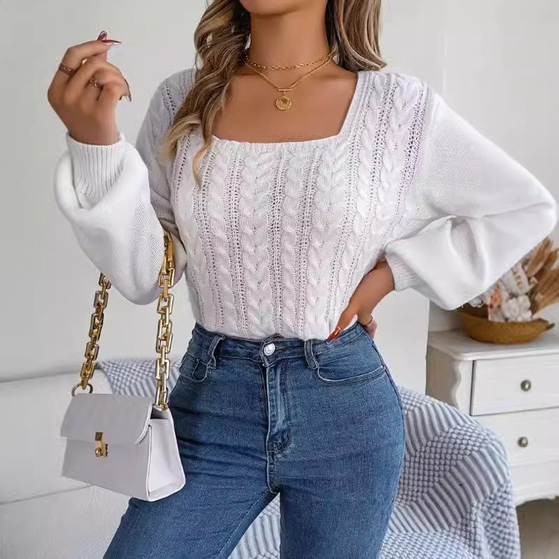 Damen Großer Strickpullover mit elegantem Quadrat-Ausschnitt und Zopfmuster Drune