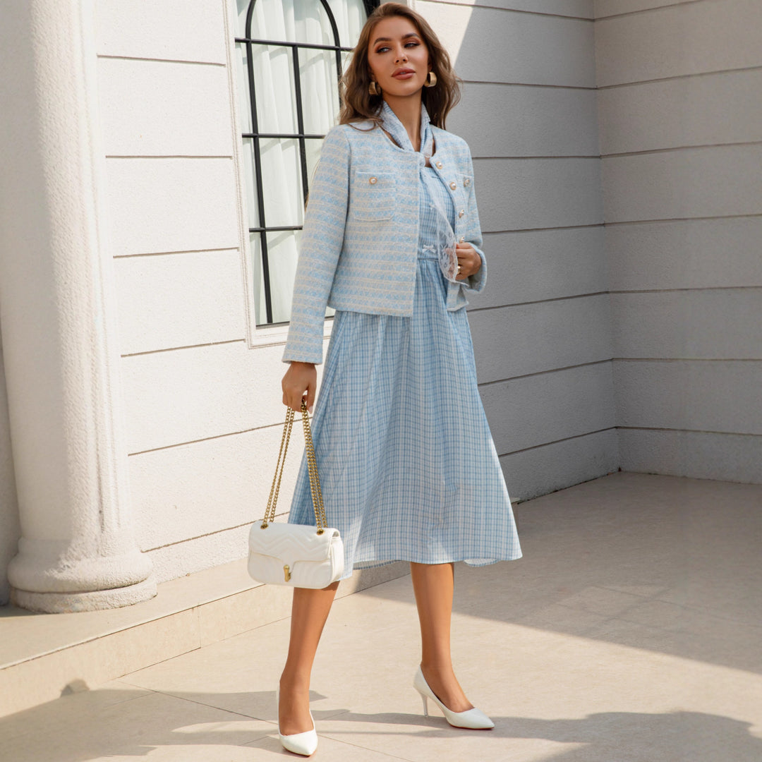 Damen Zweiteiliges Bouclé-Jacken-Set mit tailliertem Gingham-Midikleid Drune