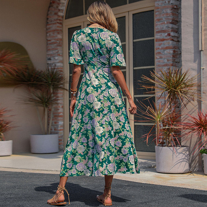Damen Maxikleid mit floralem Design und tiefem V-Ausschnitt Drune