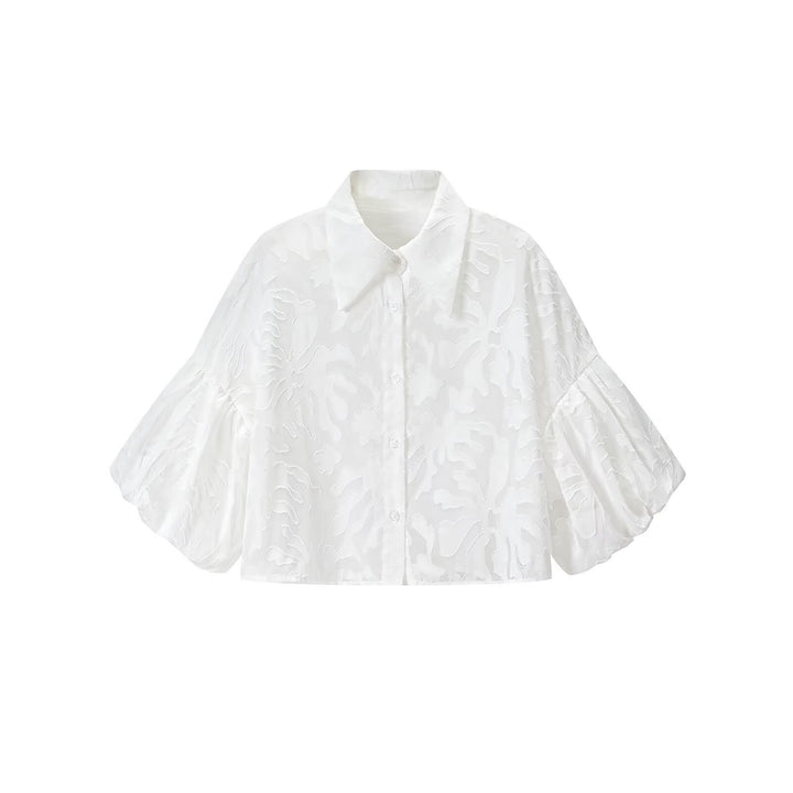 Damen Transparente Organza-Bluse mit weitem Schnitt, Volumenärmeln und Hemdkragen Drune