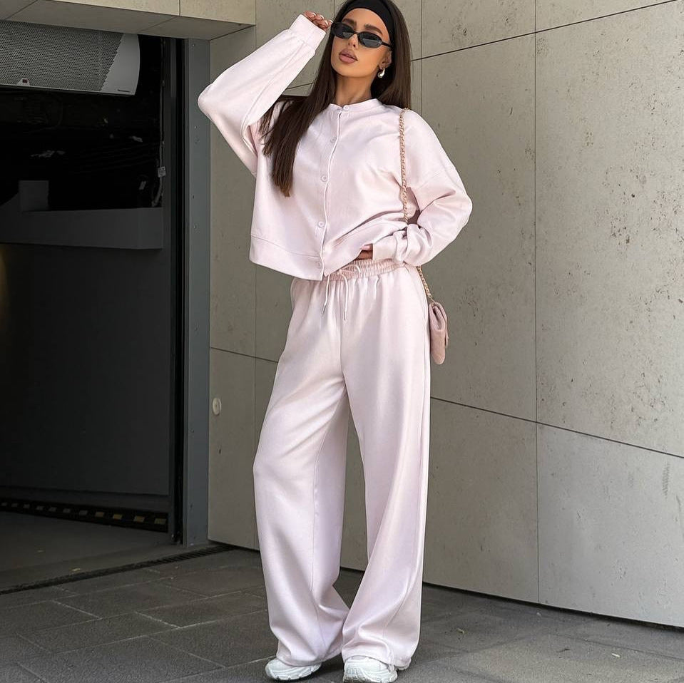 Damen Zweiteiliges Loungewear-Set mit verdeckter Druckknopf-Cardigan und weiten High-Waist Jogpants Drune