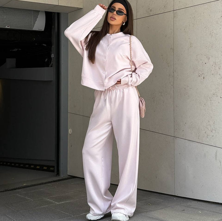 Damen Zweiteiliges Loungewear-Set mit verdeckter Druckknopf-Cardigan und weiten High-Waist Jogpants Drune