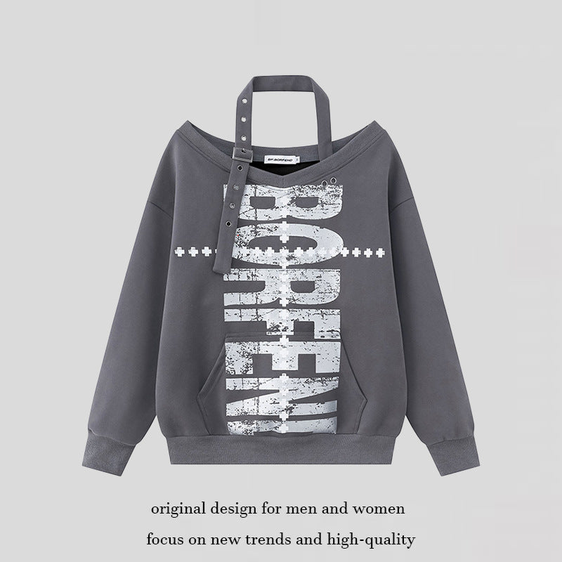 Damen Oversize-Sweatshirt mit asymmetrischem Träger, Kängurutasche und großem Lettering Drune