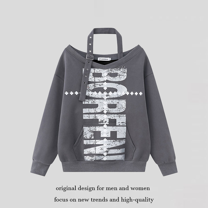 Damen Oversize-Sweatshirt mit asymmetrischem Träger, Kängurutasche und großem Lettering Drune