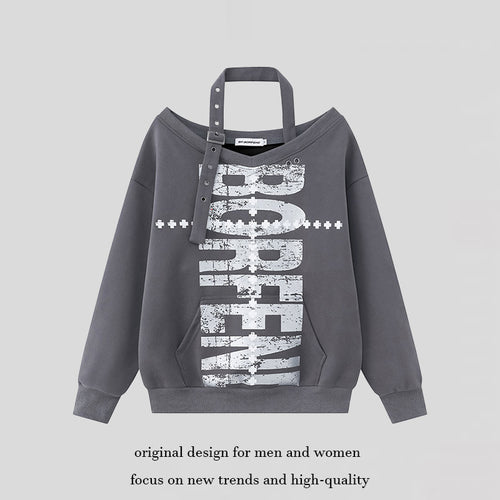Damen Oversize-Sweatshirt mit asymmetrischem Träger, Kängurutasche und großem Lettering Drune