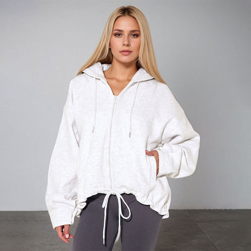 Damen oversized Kapuzenjacke mit Reißverschluss, Tunnelzug-Saum und Kängurutaschen Drune