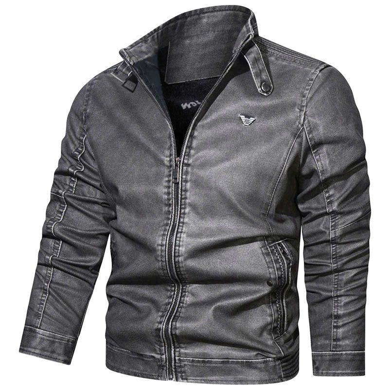 Herren Vintage-Kunstleder-Pilotenblouson mit verstellbarem Stehkragen und Reißverschlusstaschen Drune