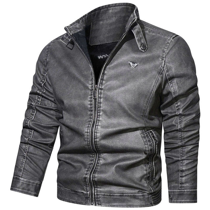 Herren Vintage-Kunstleder-Pilotenblouson mit verstellbarem Stehkragen und Reißverschlusstaschen Drune
