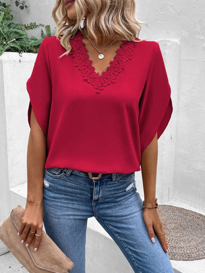 Damen Elegante V-Ausschnitt Bluse mit floraler Spitzenkante und Fledermausärmeln Drune