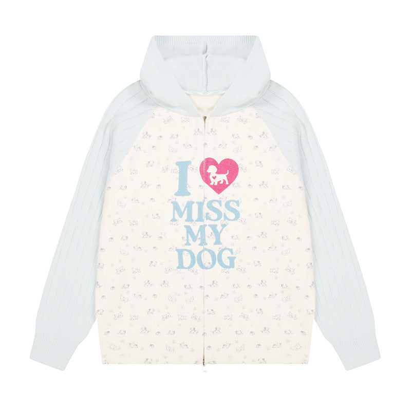 Damen Kapuzen‑Strickjacke mit durchgehendem Reißverschluss, gerippten Ärmeln und Hunde‑Statement‑Print Drune