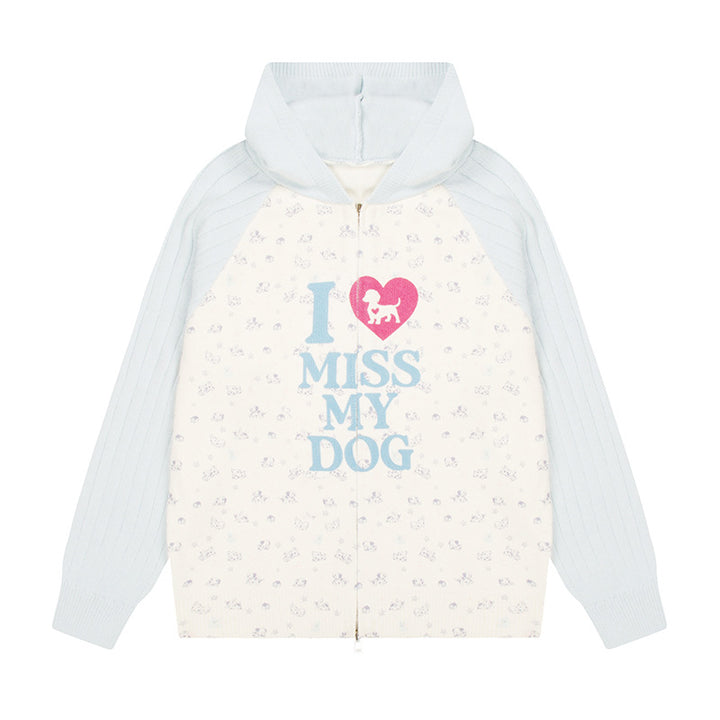 Damen Kapuzen‑Strickjacke mit durchgehendem Reißverschluss, gerippten Ärmeln und Hunde‑Statement‑Print Drune