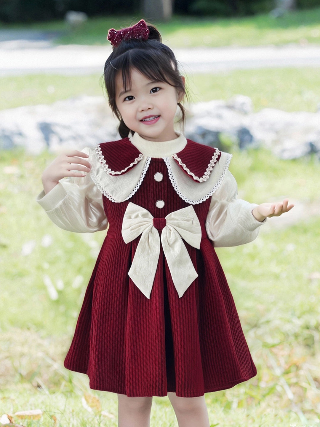 Mädchen Kleid mit festlichem Kragen und Schleifendetail Drune