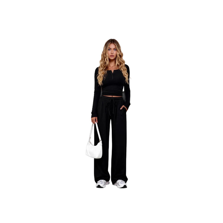 Damen nan Lounge-Set aus Feinstrick mit Henley-Oberteil und weiten Palazzo-Hosen Drune