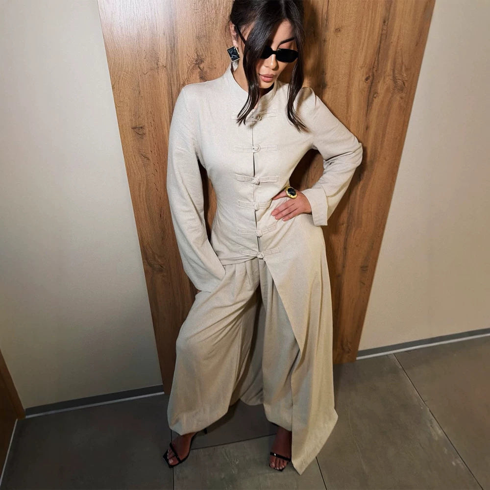 Damen Maxikleid mit Stehkragen, Mandarin-Knopfleiste und drapierter Rockpartie Drune