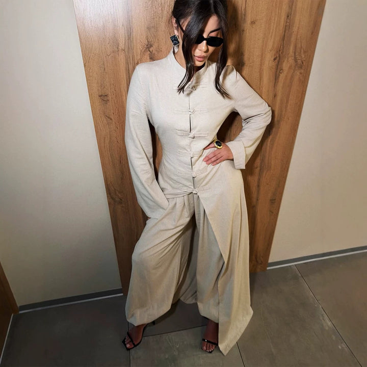 Damen Maxikleid mit Stehkragen, Mandarin-Knopfleiste und drapierter Rockpartie Drune