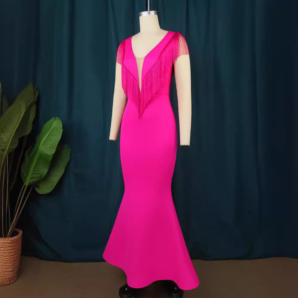 Damen figurbetontes Abendkleid mit Fransen und tiefem V-Ausschnitt Drune