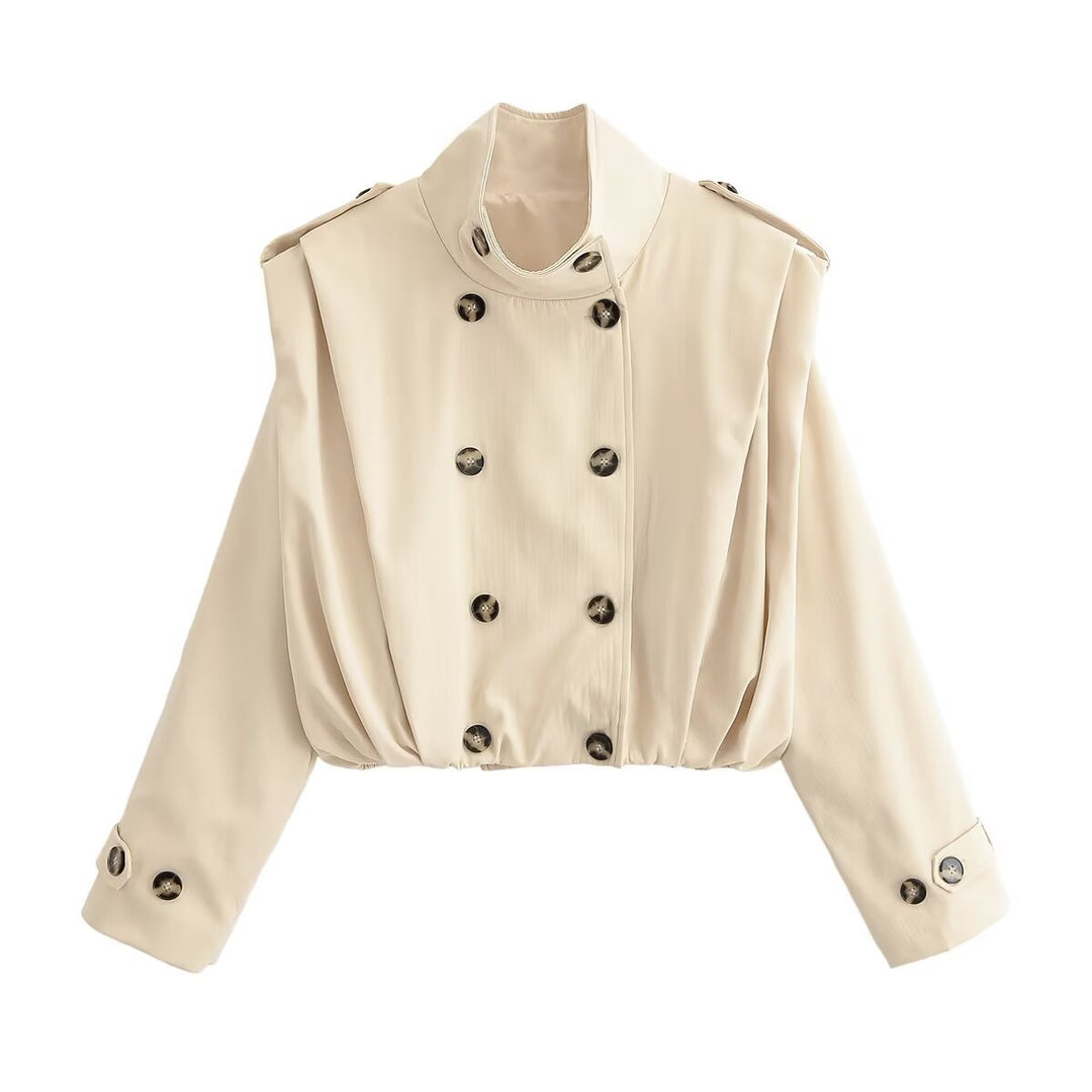 Damen Cropped Doppelreihige Trenchjacke mit Stehkragen, Schulterriegeln und elastischem Saum Drune