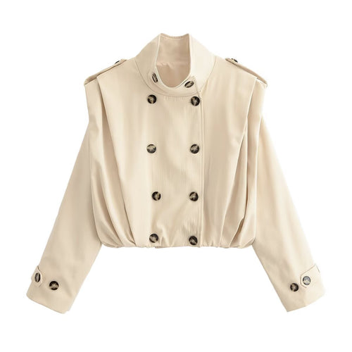 Damen Cropped Doppelreihige Trenchjacke mit Stehkragen, Schulterriegeln und elastischem Saum Drune