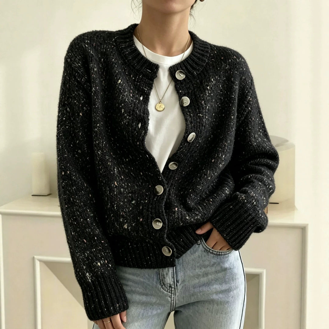 Damen Grobgestrickter Kurzcardigan mit Rundhalsausschnitt und meliertem Tweed-Effekt Drune