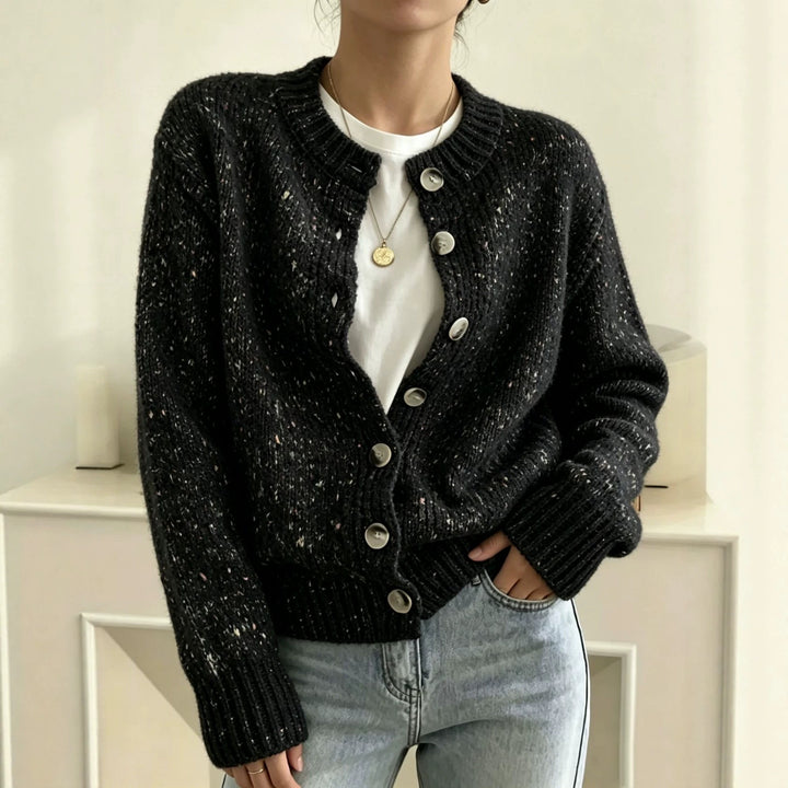 Damen Grobgestrickter Kurzcardigan mit Rundhalsausschnitt und meliertem Tweed-Effekt Drune