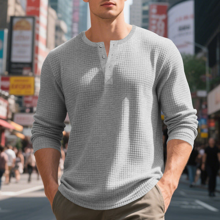 Herren nan Waffelstruktur-Henley-Langarmshirt mit Rundhalsausschnitt, mehrfacher Knopfleiste und entspannter Passform Drune