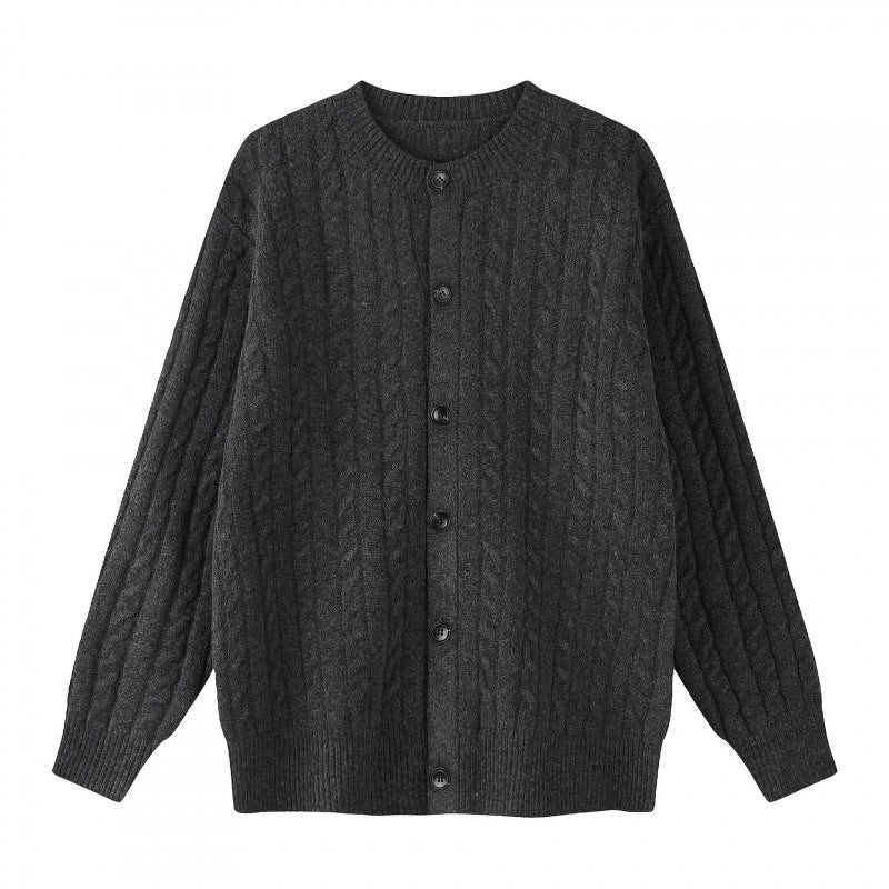 Damen Grobgestrickter Zopf-Strick-Cardigan mit Knopfleiste und Rundhals Drune
