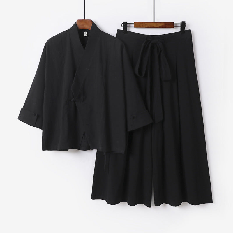 Damen Leichtes Kimono-Loungewear-Set mit V-Ausschnitt dreiviertelärmeln und weiten Palazzo-Hosen Drune