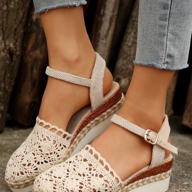 Damen Espadrille-Sandalen mit filigranem Häkel-Design und elastischem Knöchelriemen Drune