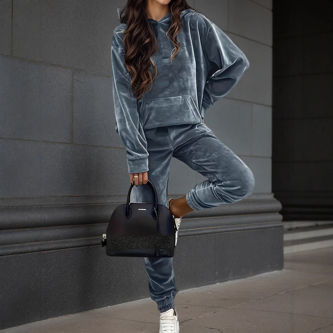 Damen Samt-Jogginganzug mit Kapuzenhoodie, Kängurutasche und elastischer Bündchenhose Drune