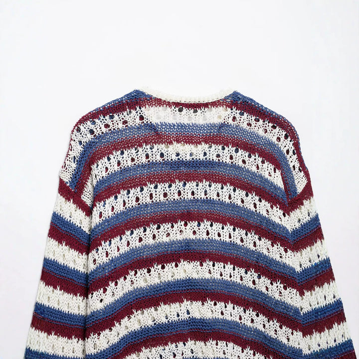 Damen gestrickte Cardigan im Ajour‑Streifenmuster mit Knopfleiste und Rundhalsausschnitt Drune