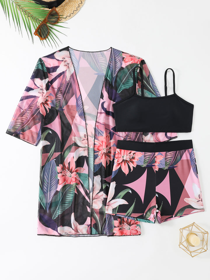 Damen Strand-Badetasche mit floralem Überwurf und Bikiniset Drune