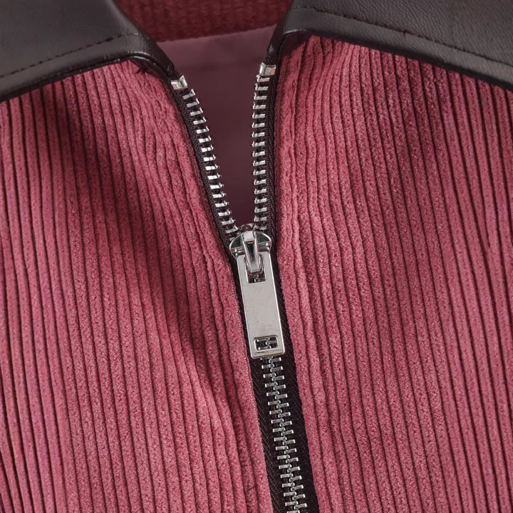 Damen Cropped-Kord-Strickjacke mit markanter Rippenstruktur, Kunstleder-Umlegekragen und Pattentaschen Drune