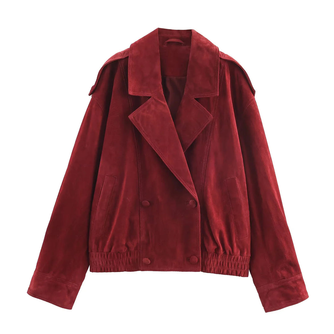 Damen nan oversized Wildlederoptik-Bomberjacke mit großem Schalkragen, Doppelreiher und elastischem Saum Drune