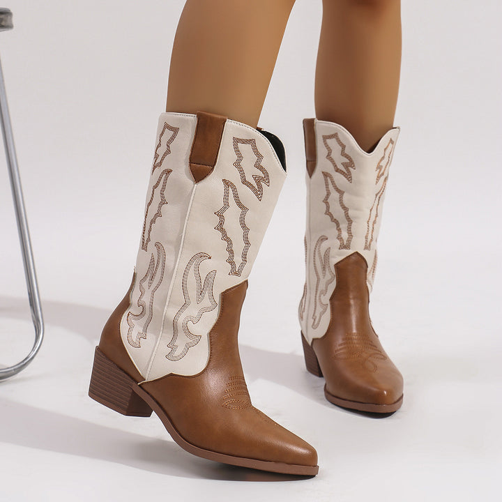 Damen nan Cowboystiefel im Westernstil mit mittelhohem Blockabsatz spitzer Zehenkappe und dekorativer Stickerei Drune