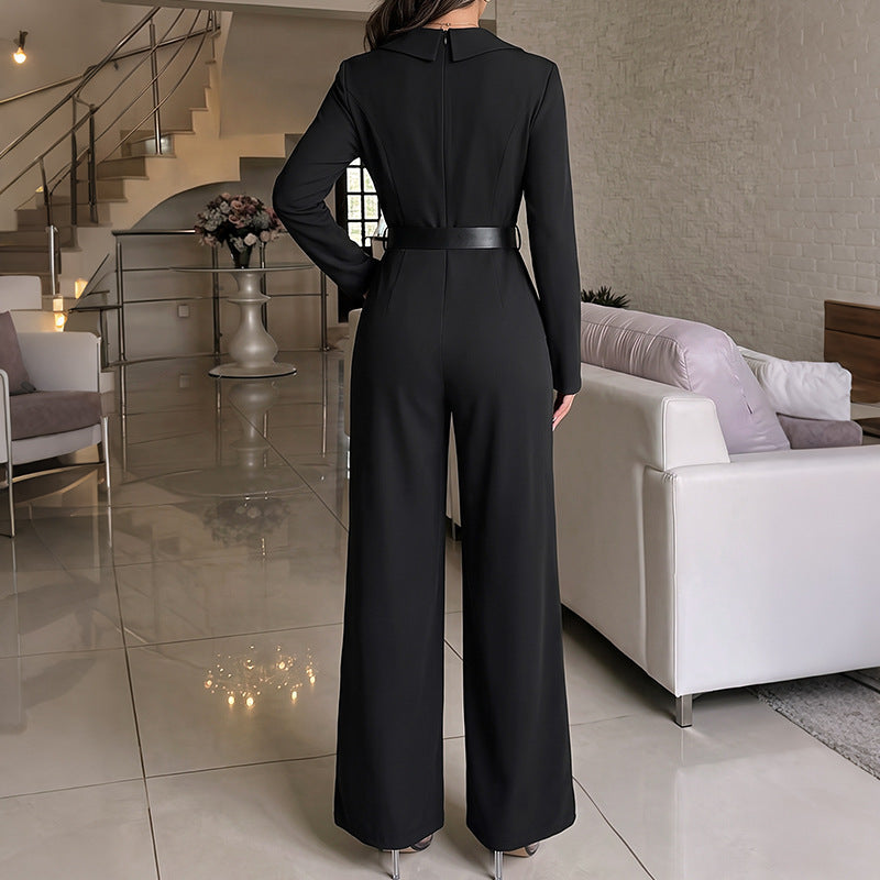 Damen Eleganter Jumpsuit mit Gürtel und Schlitz Drune