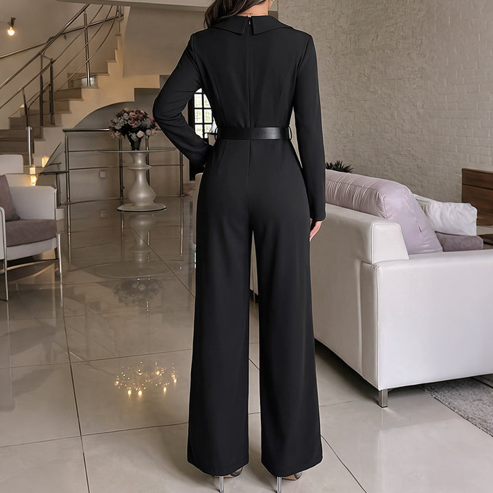 Damen Eleganter Jumpsuit mit Gürtel und Schlitz Drune