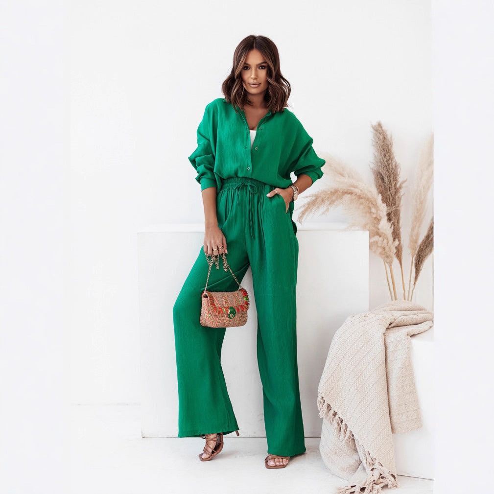 Damen Crinkle-Lounge-Set mit oversized Hemdbluse und weiten Palazzo-Hosen Drune