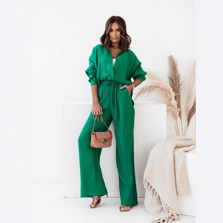 Damen Crinkle-Lounge-Set mit oversized Hemdbluse und weiten Palazzo-Hosen Drune