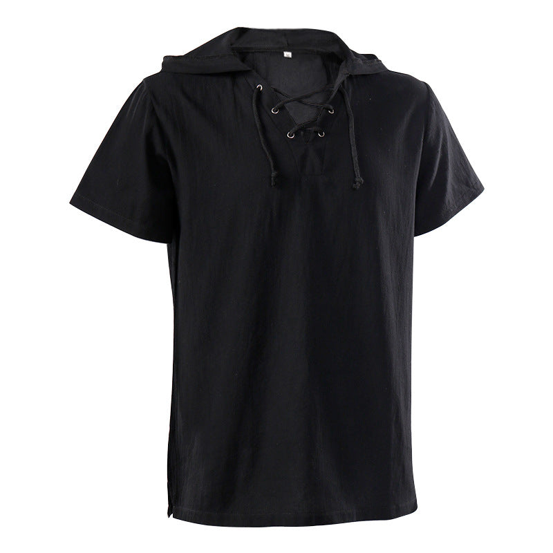 Herren nan lässiges Kurzarmshirt mit geschnürter V-Kehle, kurzem Stehkragen und weichem Baumwollmix Drune