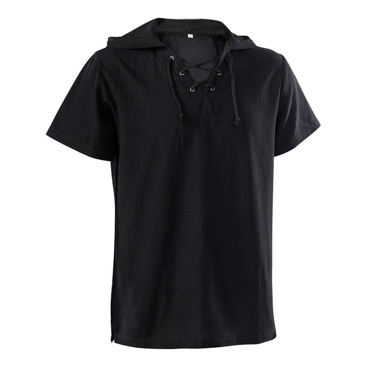 Herren nan lässiges Kurzarmshirt mit geschnürter V-Kehle, kurzem Stehkragen und weichem Baumwollmix Drune
