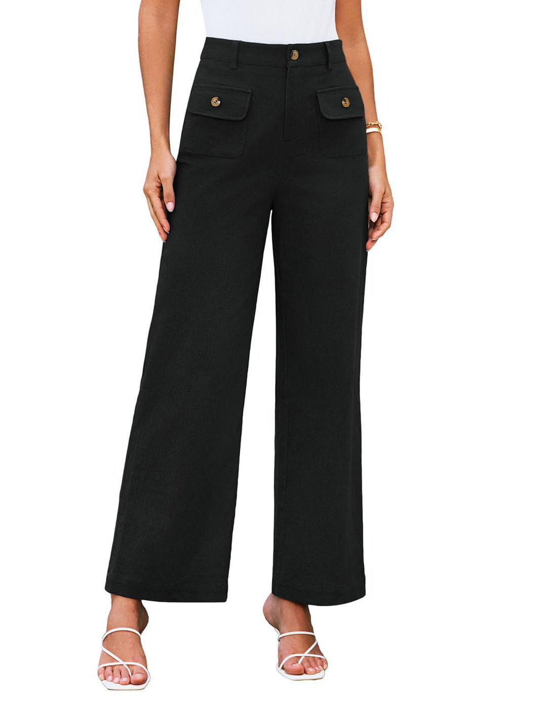 Hochtaillierte Damen-Trousers mit weitem Bein und Knopfklappen-Pattentaschen Drune