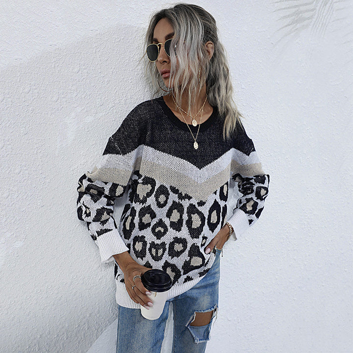 Damen Oversize-Feinstrickpullover mit Chevron-Detail und abstraktem Leoprint Drune