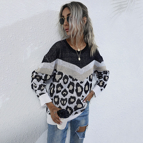Damen Oversize-Feinstrickpullover mit Chevron-Detail und abstraktem Leoprint Drune
