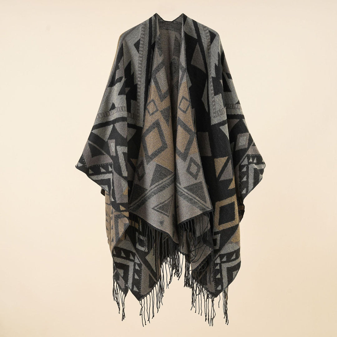 Damen Gewebter Ruana-Umhang aus Wollmix mit grafischem Ethno-Jacquard und langen Fransen Drune